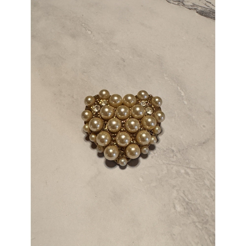 Vintage Faux Pearl Rhinestone Heart Brooch Gold Tone Cluster Pin